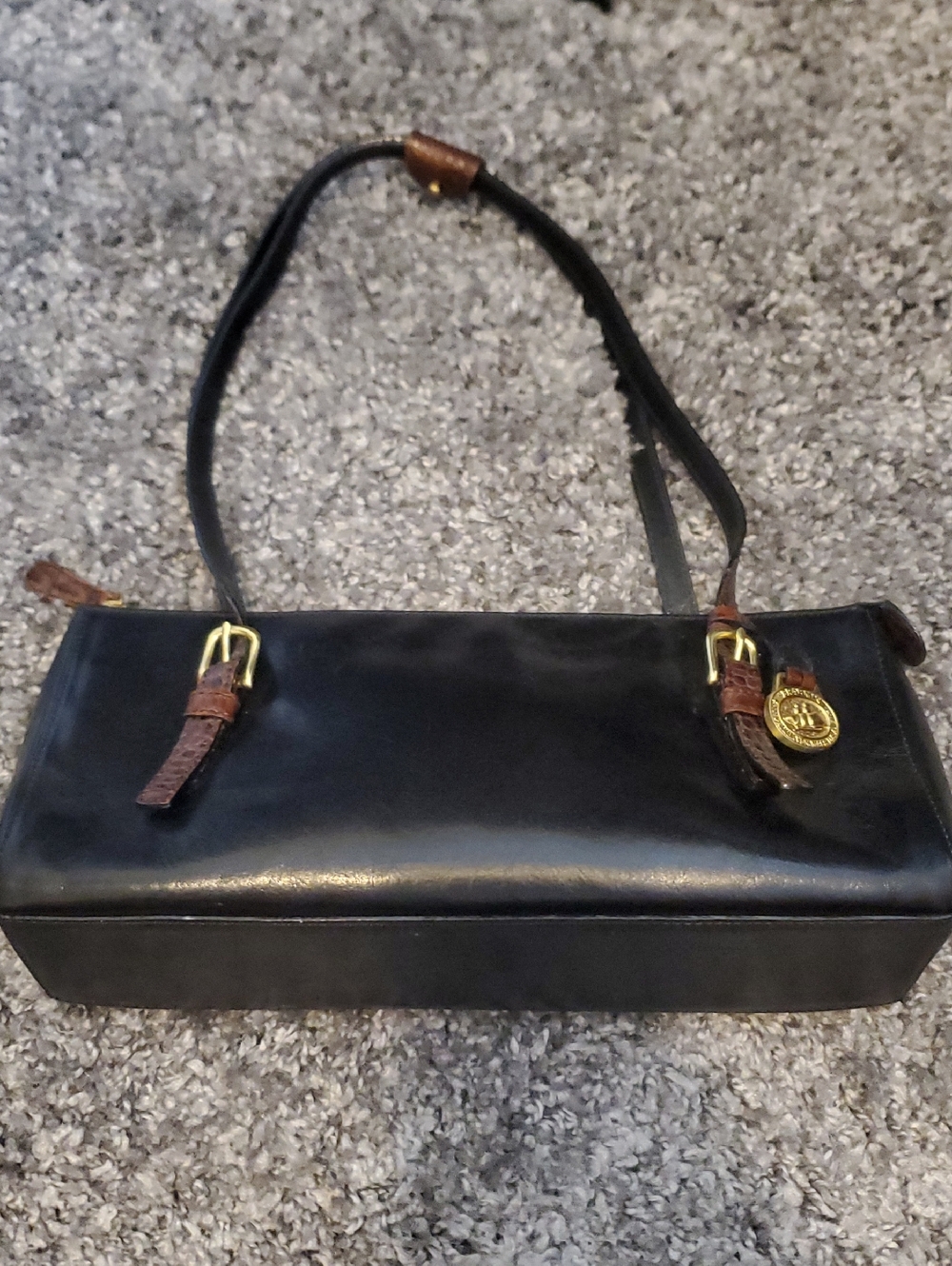 Brahmin Black Leather Shoulder Bag with Brown Strap Accents